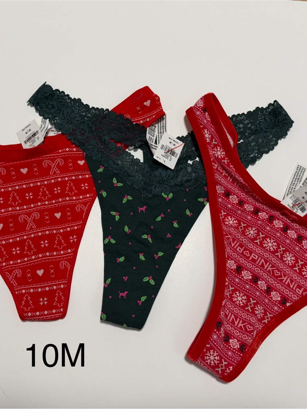 PINK Victoria's Secret Holiday Lace-Trim Thong Set - Red & Black